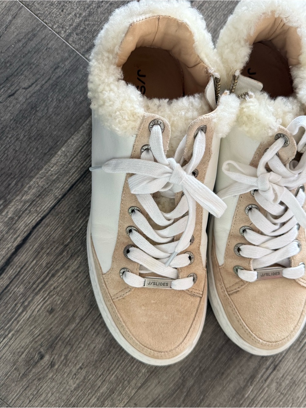 J/SLIDES Cream and Tan Shearling-Trim Lace-Up Sneakers